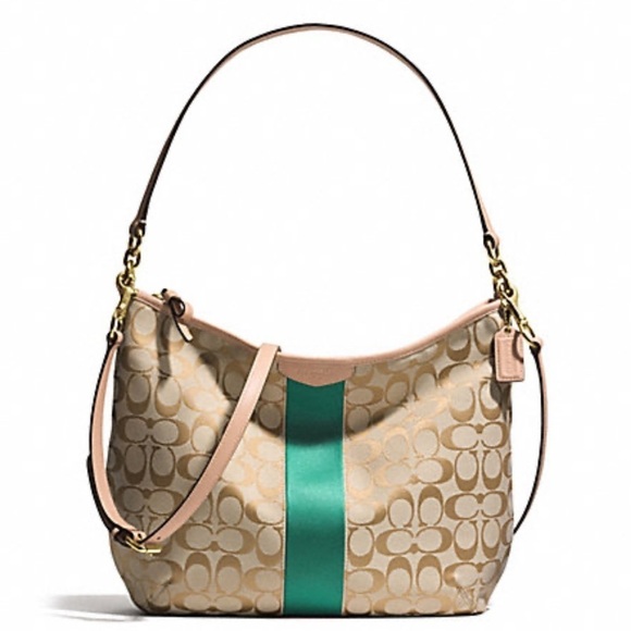 Coach Beige/Green signature canvas & leather Devin stripe shoulder bag & wallet - Picture 2 of 14